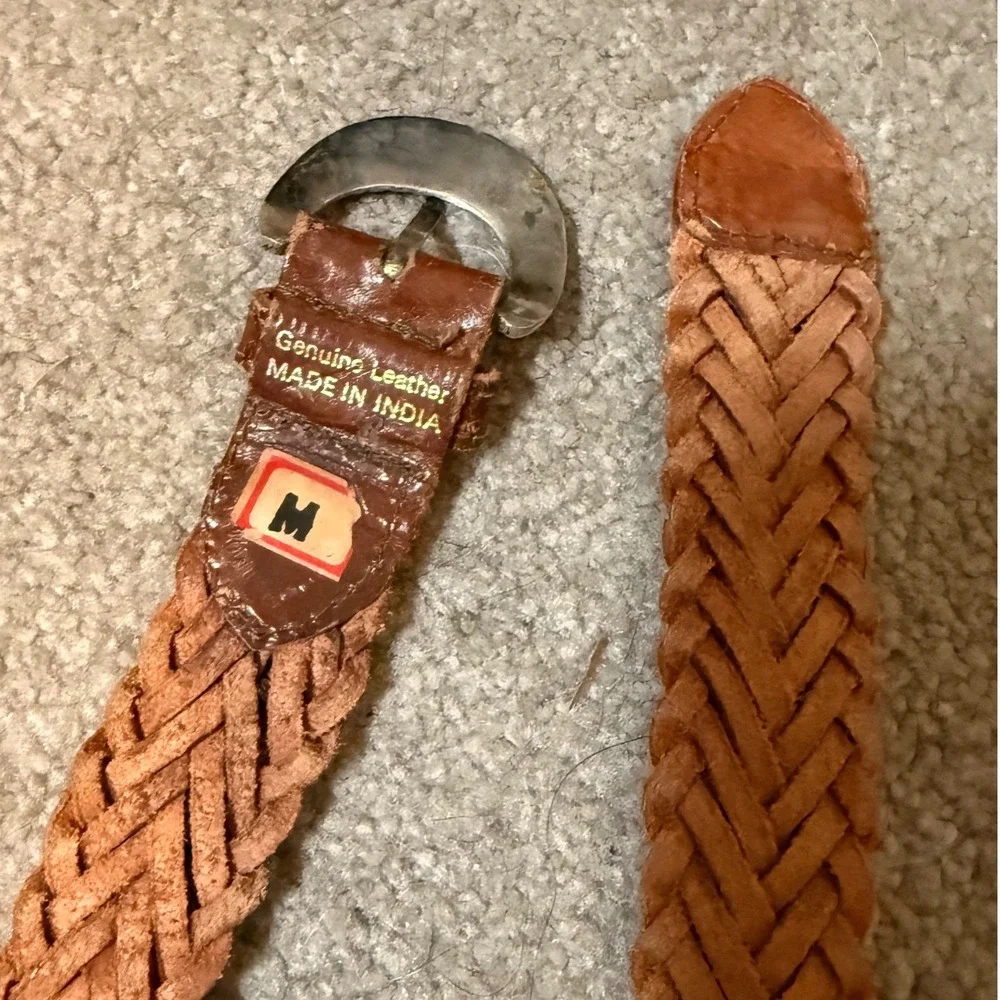 Vintage Brown Braided Leather Western Belt Silver Studded Boho Woven Medium